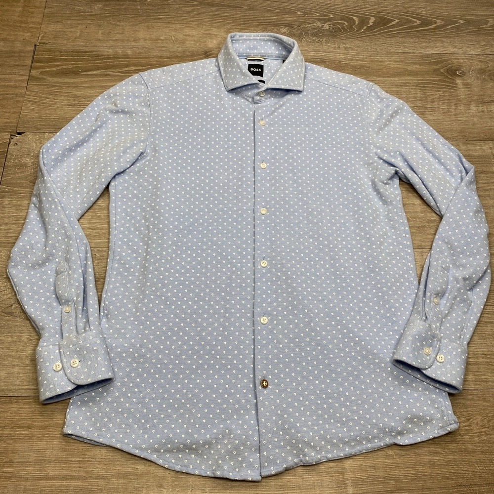 BOSS Button Up Shirt Mens M Blue Slim Fit Pique Micro Pattern Business Casual